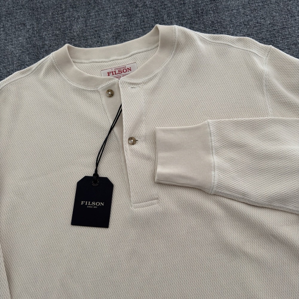 NWT Filson Waffle Knit Thermal Henley Shirt Men Large Cream Beige Long Sleeve